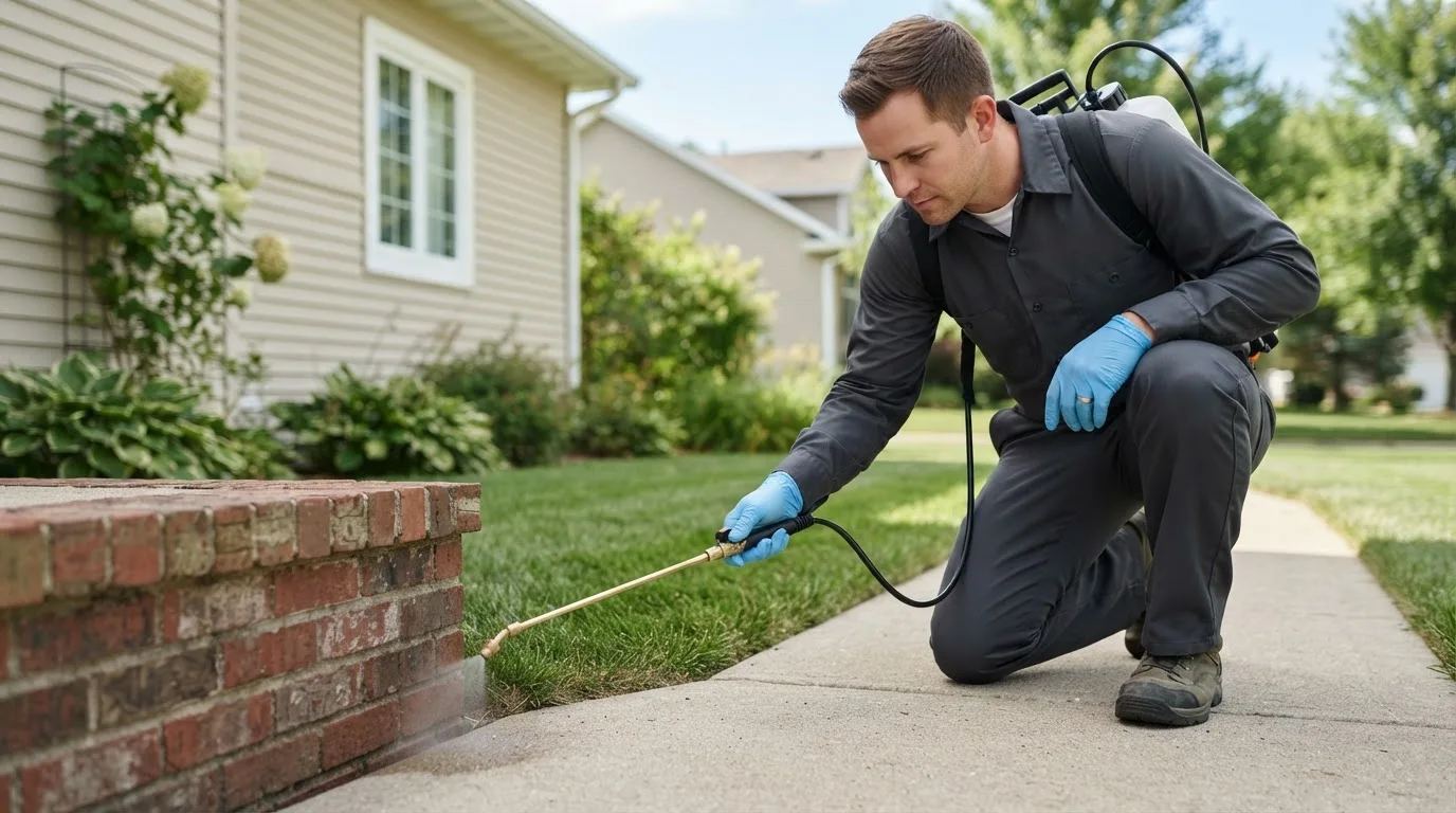 Pest control technician treating a home near Orangeville, IL