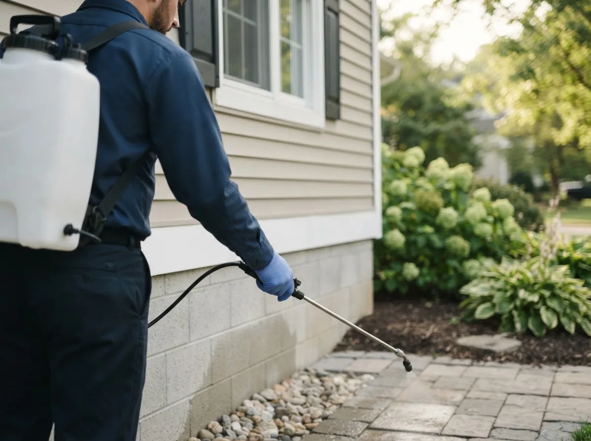 Pest control technician inspecting a home in Orangeville, IL